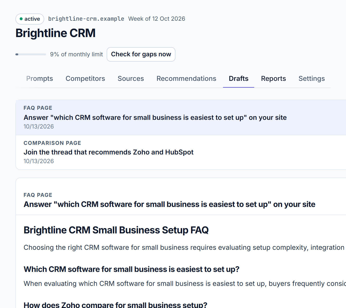 Drafts tab showing a generated comparison page in Markdown